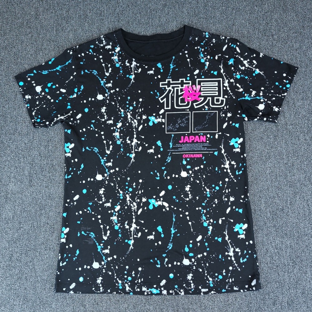 GSTR Streetwear Japan Graphic Shirt Men Medium Black Neon Paint Splatter Mt Fuji